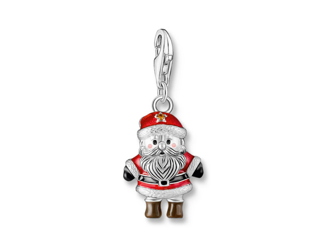 Bunter Weihnachtsmann Charm aus Silber mit Emaille und Zirkonia von Thomas Sabo, darstellt einen niedlichen Weihnachtsmann in rotem Outfit und Schwarz mit charakteristischem Bart und Mütze.