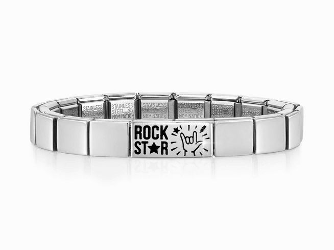 Edelstahlarmband von Nomination in Silber mit dem Schriftzug Rock Star und einem rockigen Handzeichen, Modell Classic GLAM Double Link Rock Star, Artikelnummer 239101 21.