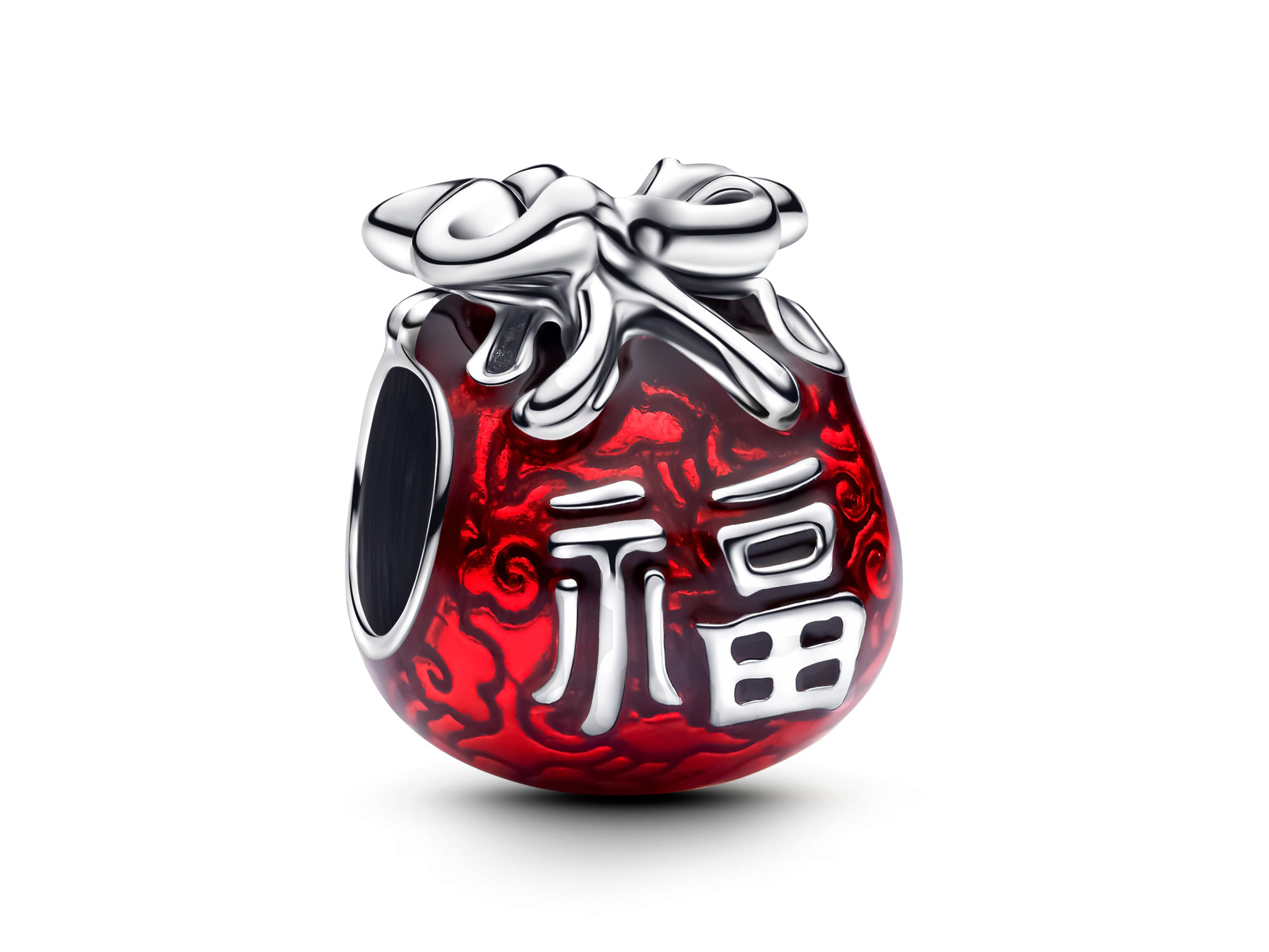 Glücksbringer von Pandora aus Silber und roter Emaille, zeigt ein detailliertes Design mit einem chinesischen Schriftzeichen für Glück, ideal für Armbänder und Sammlungen.