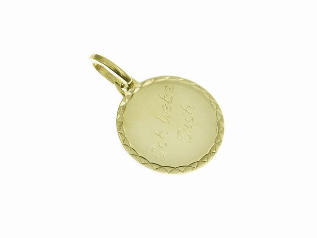 Gold Anhänger Gravurplatte mit der Gravur Ich liebe Dich, Hersteller Juwelier Harnisch, elegant und zeitlos gestaltet, ideal als Geschenk für besondere Anlässe.