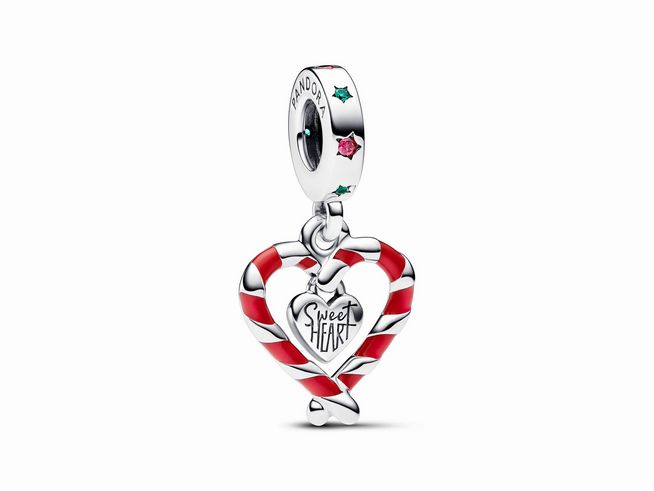 Pandora 792822C01 - Doppelte Zuckerstange Herz Weihnachts-Charm-Anhänger - Sterling Silber - Steinmix Multicolor