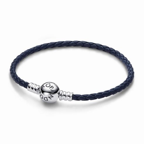 Pandora 592790C01-S2 Pandora Moments Blaues Geflochtenes Lederarmband mit Kugelverschluss - 19 cm - Sterling Silber