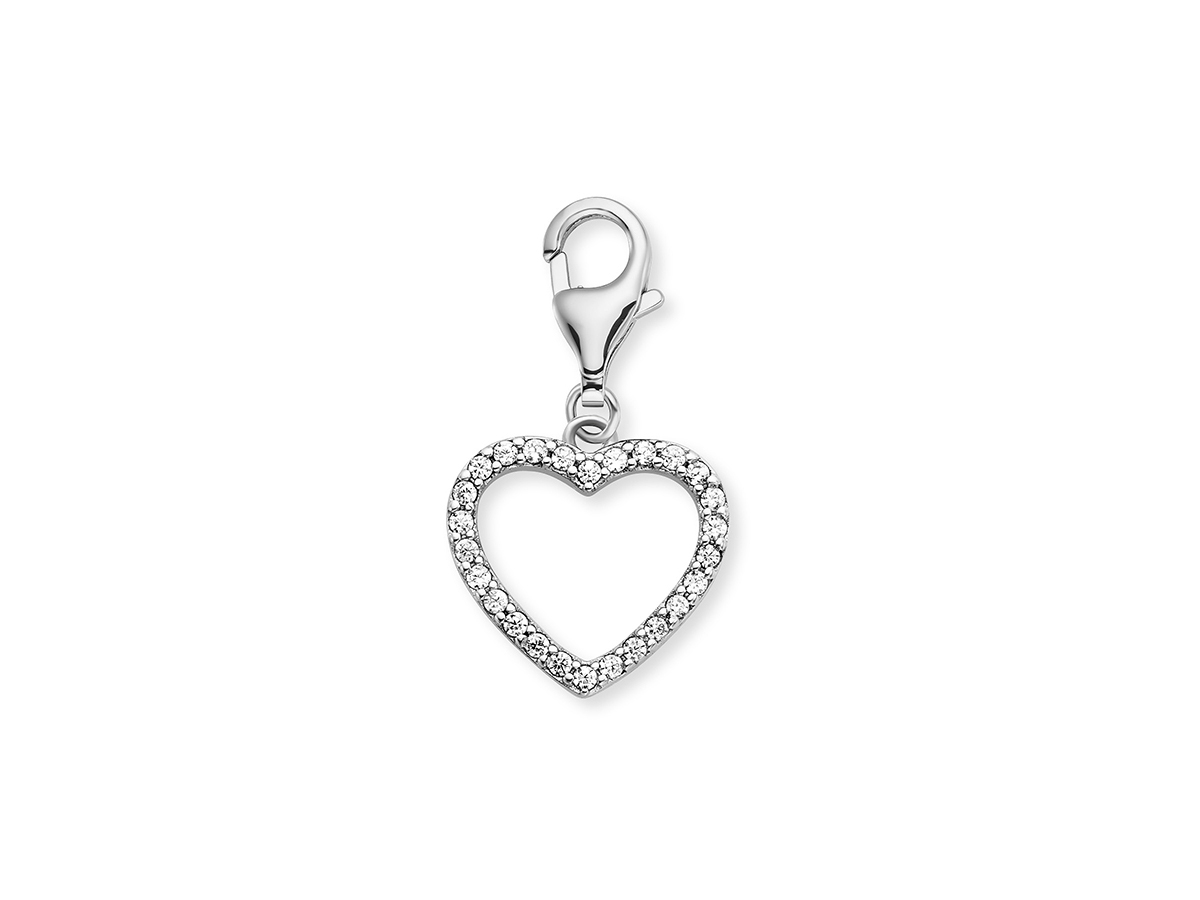 Engelsrufer ERC-HEARTSHINY-ZI Charm in Herzform aus Silber mit rhodiniertem Finish und Zirkonia-Besatz, ideal für Schmuckliebhaber. Der Anhänger hat einen praktischen Karabinerhaken.