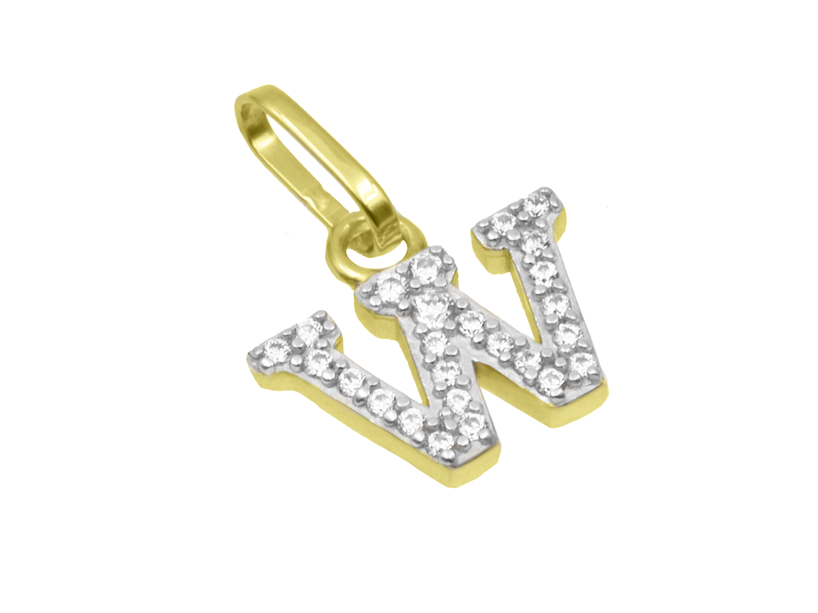 Buchstabenanhänger W aus Sterling Silber mit Gelbgold Vergoldung und Zirkonia, hergestellt von Juwelier Harnisch, elegant und funkelnd, ideal als persönliches Geschenk oder Schmuckstück.