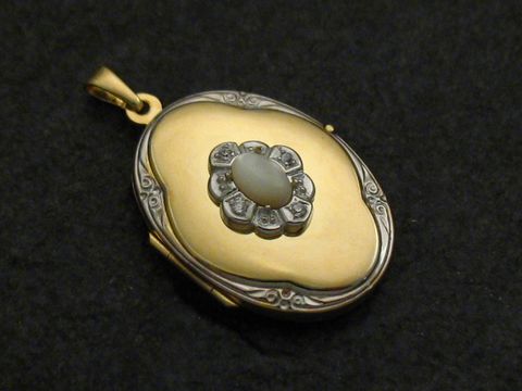 Perlmutt weiß - Medaillon Cabochon Gold 585 bicolor