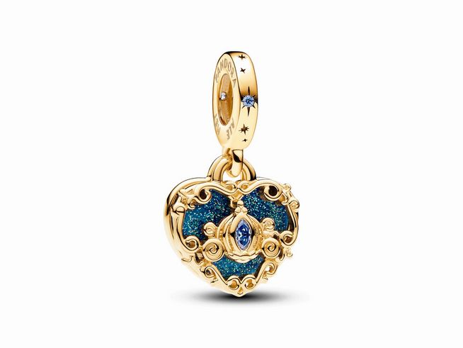 Pandora 763072C01 - Disney Cinderellas Kutsche & Herz Doppelter Charm-Anhänger - Gelbgold verg. - Zirkonia Blau