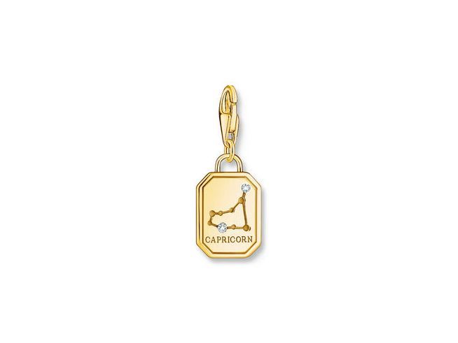 Charm-Anhänger von Thomas Sabo mit dem Sternzeichen Steinbock, aus Silber mit vergoldeten Elementen und Zirkonia, zeigt das Sternbild und den Schriftzug Capricorn.