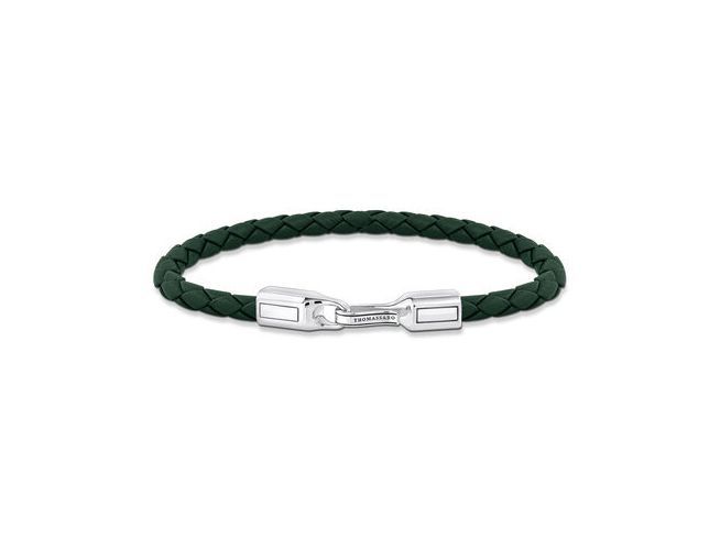 Silbernes Thomas Sabo Armband A2149-682-6-L19 mit grünem geflochtenem Leder, 19 cm lang, eleganter Verschluss, modernes Design, ideal für modebewusste Träger.