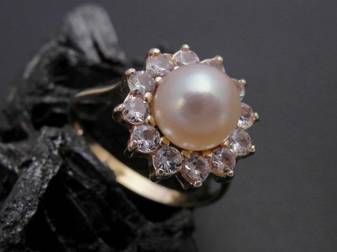 Gold Perlen Ring - nostalgisch - Gr. 56,5 - 7,4 mm Zuchtperle + Zirkonia