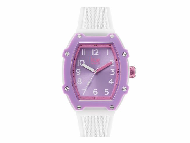 ICE boliday kids Uhr in Weiß und Lila, Modell 023328, mit ovalem Gehäuse, lilanem Ziffernblatt und bunten Indizes, ausgestattet mit einem weißen Armband, ideal für Kinder. Neuheiten von Ice Watch.