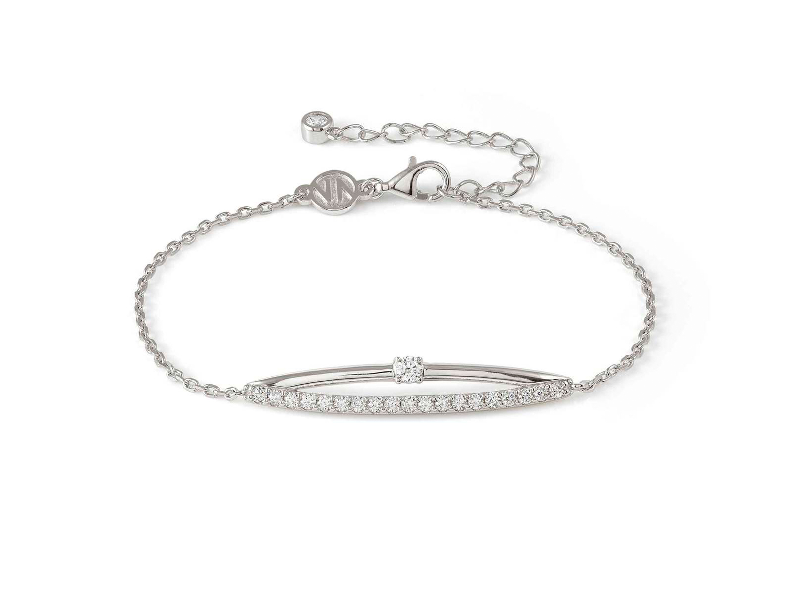 Ein elegantes Armband aus Sterling Silber mit einer feinen Kette und einer zarten Form, verziert mit glitzernden Steinen, erhältlich in der Größe 15-19 cm von Nomination Cosmiclove.