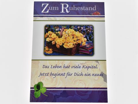 Glückwunschkarte - Marienkäfer, Klee, Korb mit gelben Rosen, Bücher