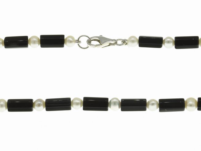 Steinkette - Onyx + Süßwasser-Zuchtperlen 5-5,5 mm - Schwarz, Weiß - 44 cm - Silber