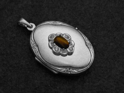 Tigerauge - Medaillon Cabochon Sterling Silber - Zirkonia