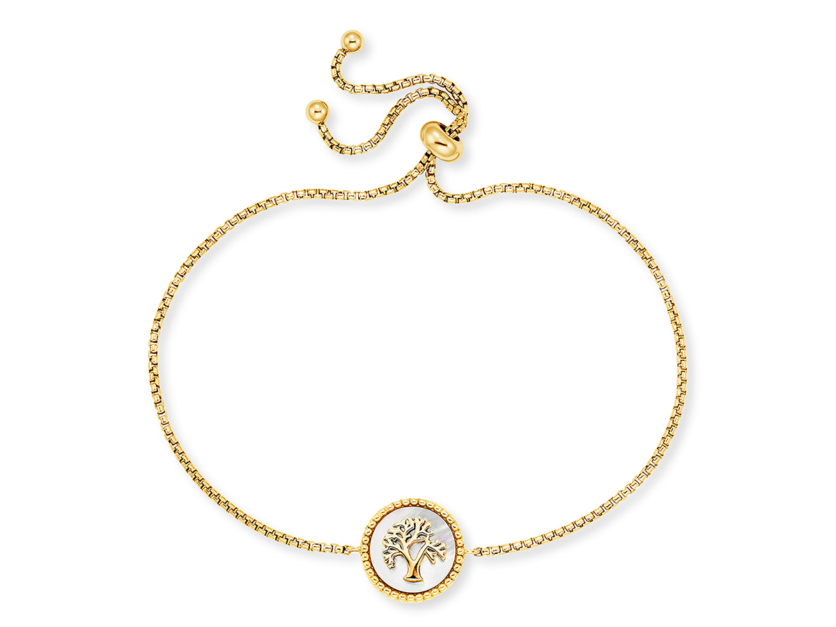 Engelsrufer LILTREE Armband in Gelbgold Vergoldung auf Silber mit einem Perlmutt weißen Lebensbaum Anhänger, perfekt für stilvolle Anlässe, verstellbare Länge von 24 cm.