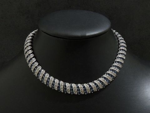 Strass Kette - pompös - BLAU - 36,5 cm - silberfarben