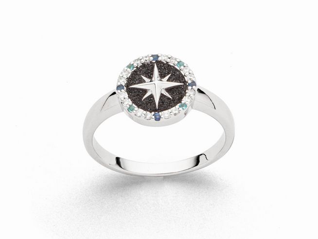 DUR Kompassrose 2.0 R5969.54 - Sterling Silber Ring - rhodiniert - Lavasand + Zirkonia - Gr. 54