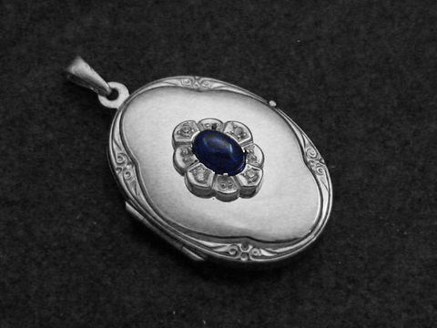 Safir Saphir blau - Medaillon Cabochon - Weißgold 585 + Brillanten