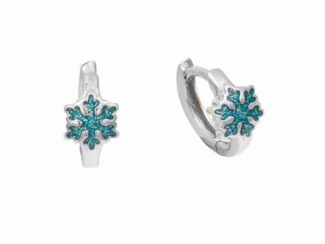 Ohrringe Creolen Schneeflocke - 1,3 cm Sterling Silber poliert rhodiniert - Lack Glitter Hellblau