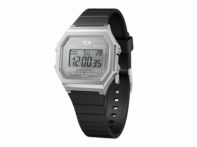 Ice Watch Uhr 022735 - ICE digit retro Silver mirror Weiß in silberfarben mit schwarzem Silikonarmband und digitalem Display, leicht und wasserfest bis 30 Meter, Modell Small.