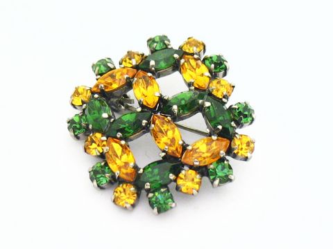 Strass Brosche -Oval- Grün/Orange & Gefasst. -NEU-