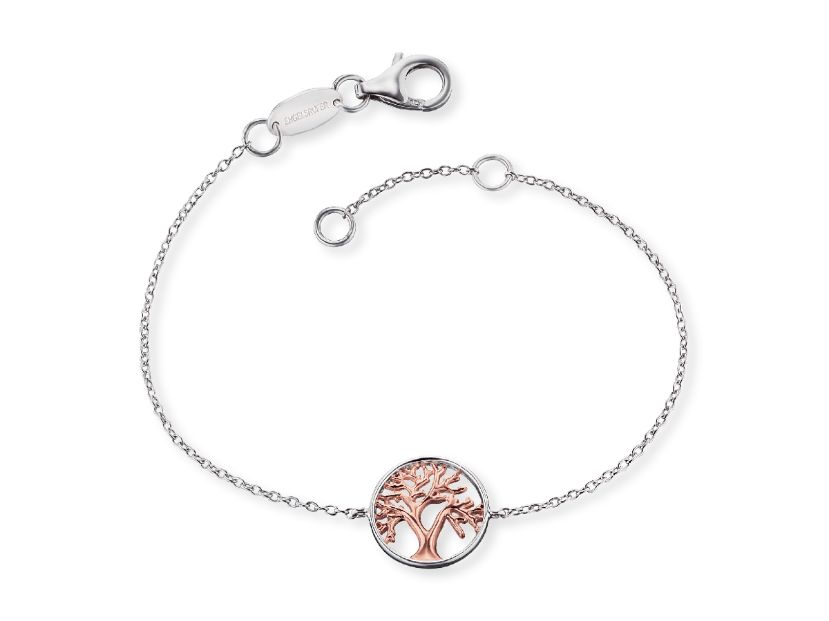 Bicolor Armband aus Roségold und Silber mit einem Lebensbaum-Anhänger in einem kreisförmigen Design, gefertigt von Engelsrufer, Länge 17 cm.