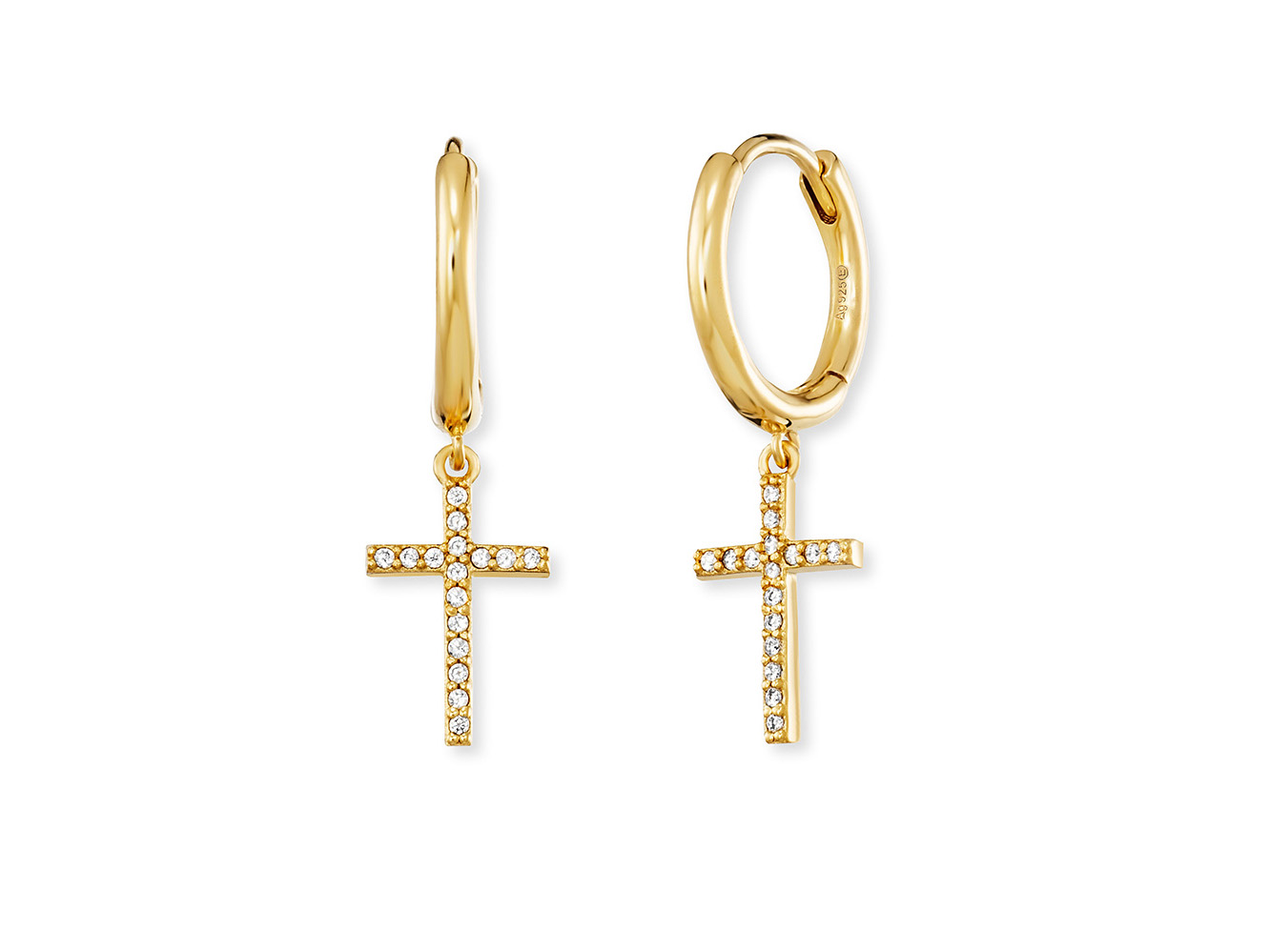 Engelsrufer ERE-LILCROSS-ZI-G-CR LILCROSS Creole Kreuz mit Zirkonia in Gelbgold Vergoldung auf Silber, elegante Ohrringe mit schimmerndem Kreuzanhänger.