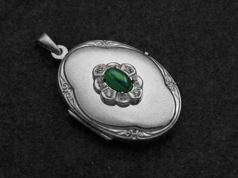 Malachit grün - Medaillon Cabochon Sterling Silber - Zirkonia