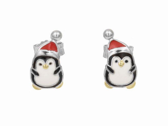 Ohrstecker - Ohrringe Pinguin - Sterling Silber poliert rhodiniert - Lack Bunt