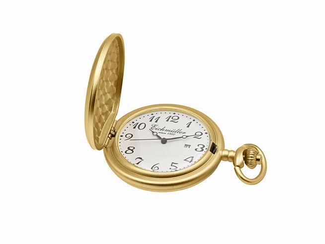 Eichmüller Taschenuhr Datum - Edelstahl mit Deckel - vergoldet Gelbgold mattiert - Mineralglas - 6,5 cm