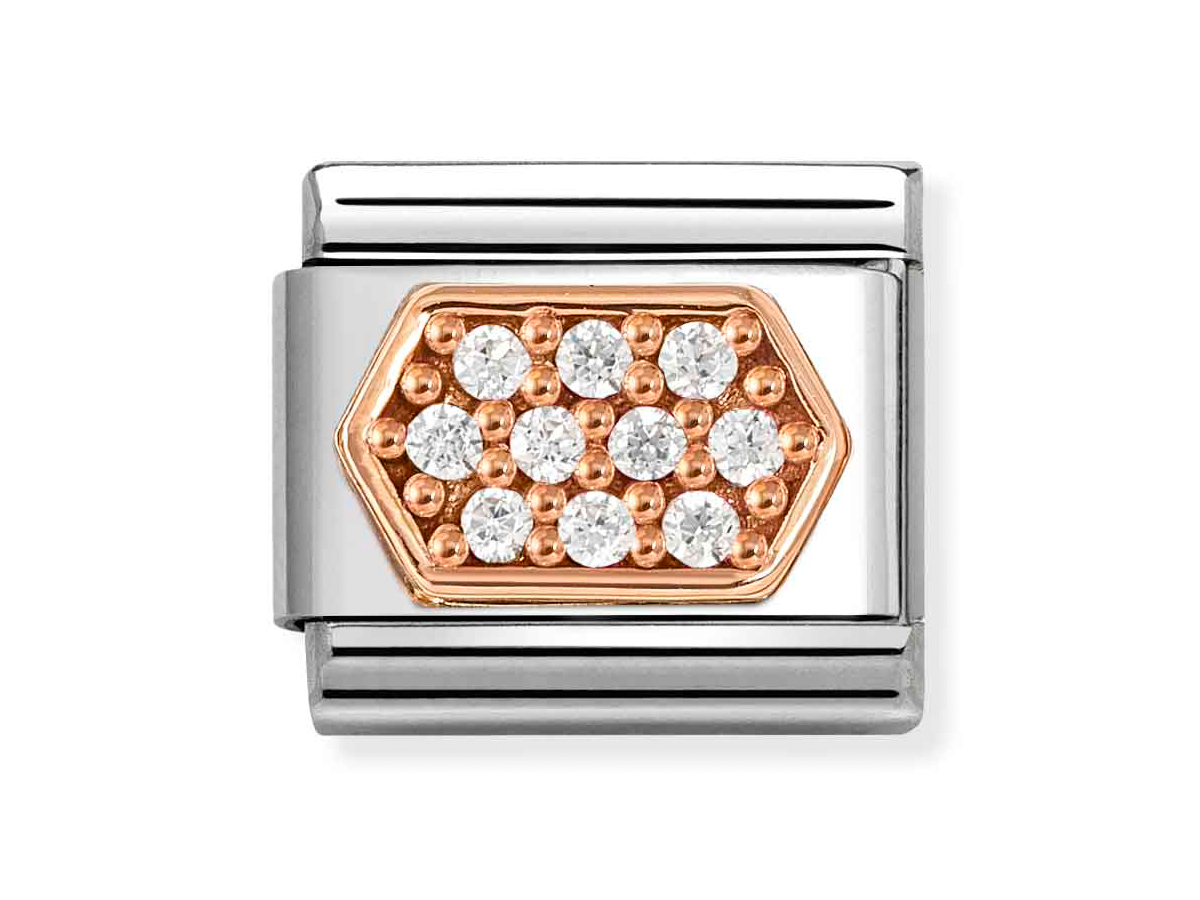 Sechseckiger Charm von Nomination in Weiß mit roségoldenem Element und glitzernden Steinen, ideal für klassisches Schmuckdesign, Neuheit im Sortiment.