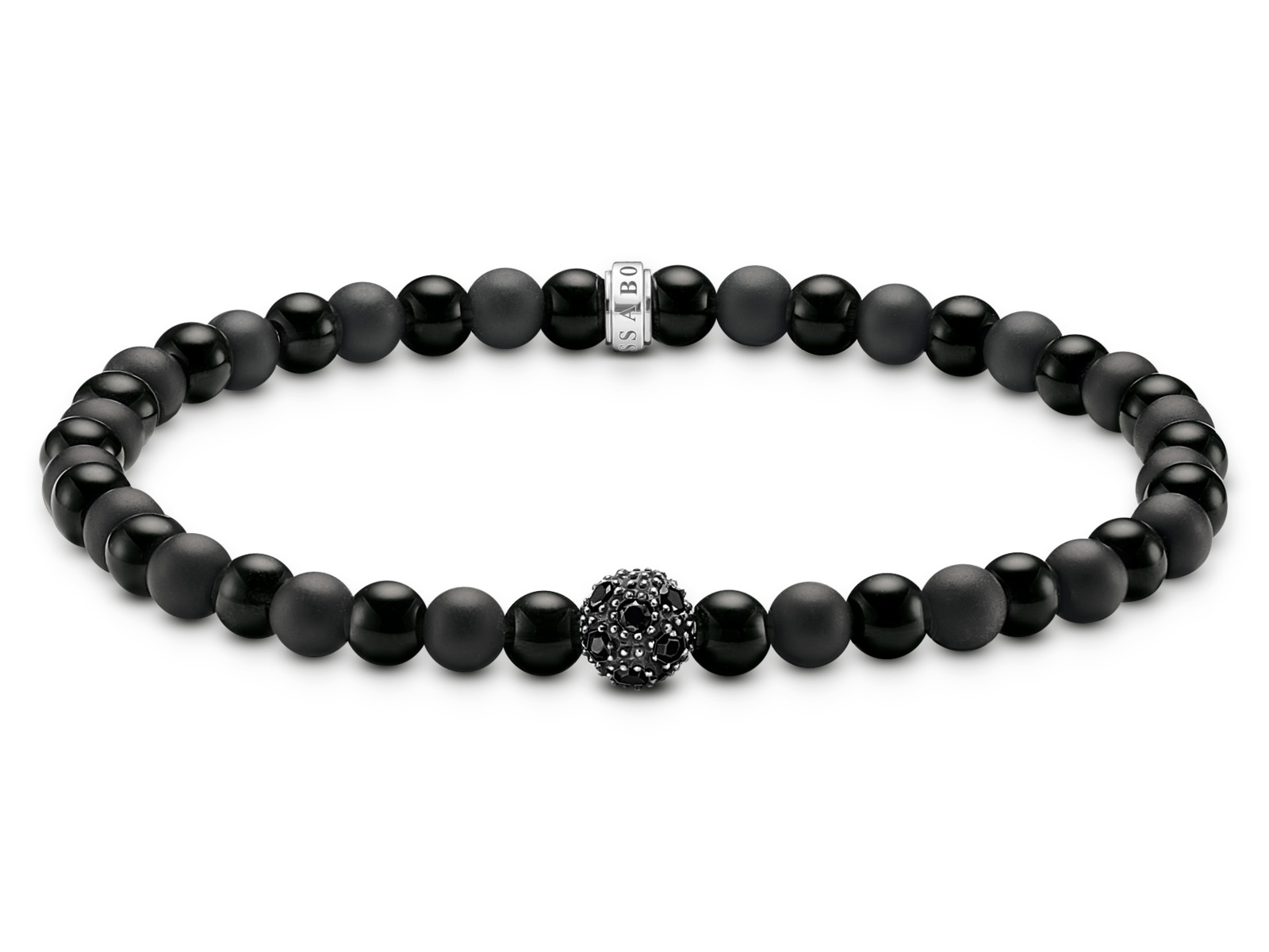 Schwarzes Armband von Thomas Sabo mit Obsidian- und Zirkonia-Elementen, feine Perlen sehr stilvoll angeordnet, 17 cm lang, eleganter und moderner Schmuck für jede Gelegenheit.