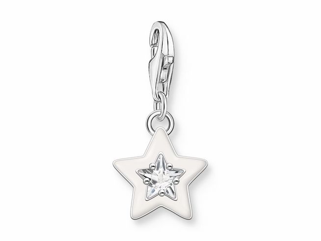 Charm-Anhänger von Thomas Sabo in Form eines Sterns, gefertigt aus Silber mit weißer Emaille und einem funkelnden Zirkonia in der Mitte, ideal für persönliche Schmuckstücke.