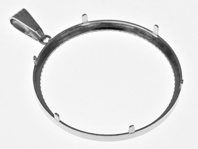 Münzfassung Anhänger aus rhodiniertem Silber mit Diamantschliff, Durchmesser 34,2 mm, geeignet für Münzen bis 3,5 cm, hergestellt von Juwelier Harnisch.