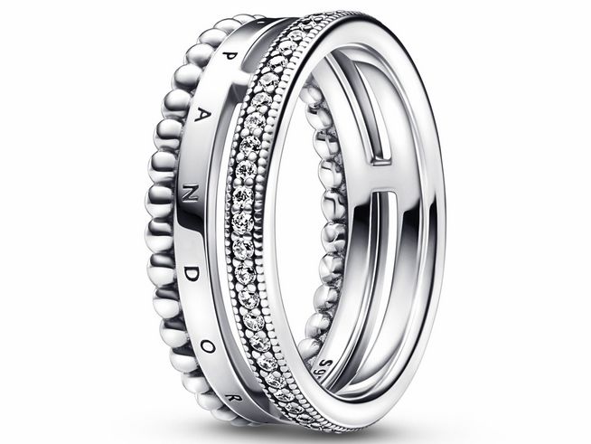 Sterling Silberring von Pandora, Modell Signature Logo Pavé & Perlen Ring, Größe 60, mit klarem Zirkonia, einzigartiges Design mit einer Kombi aus glatten und strukturierten Oberflächen.