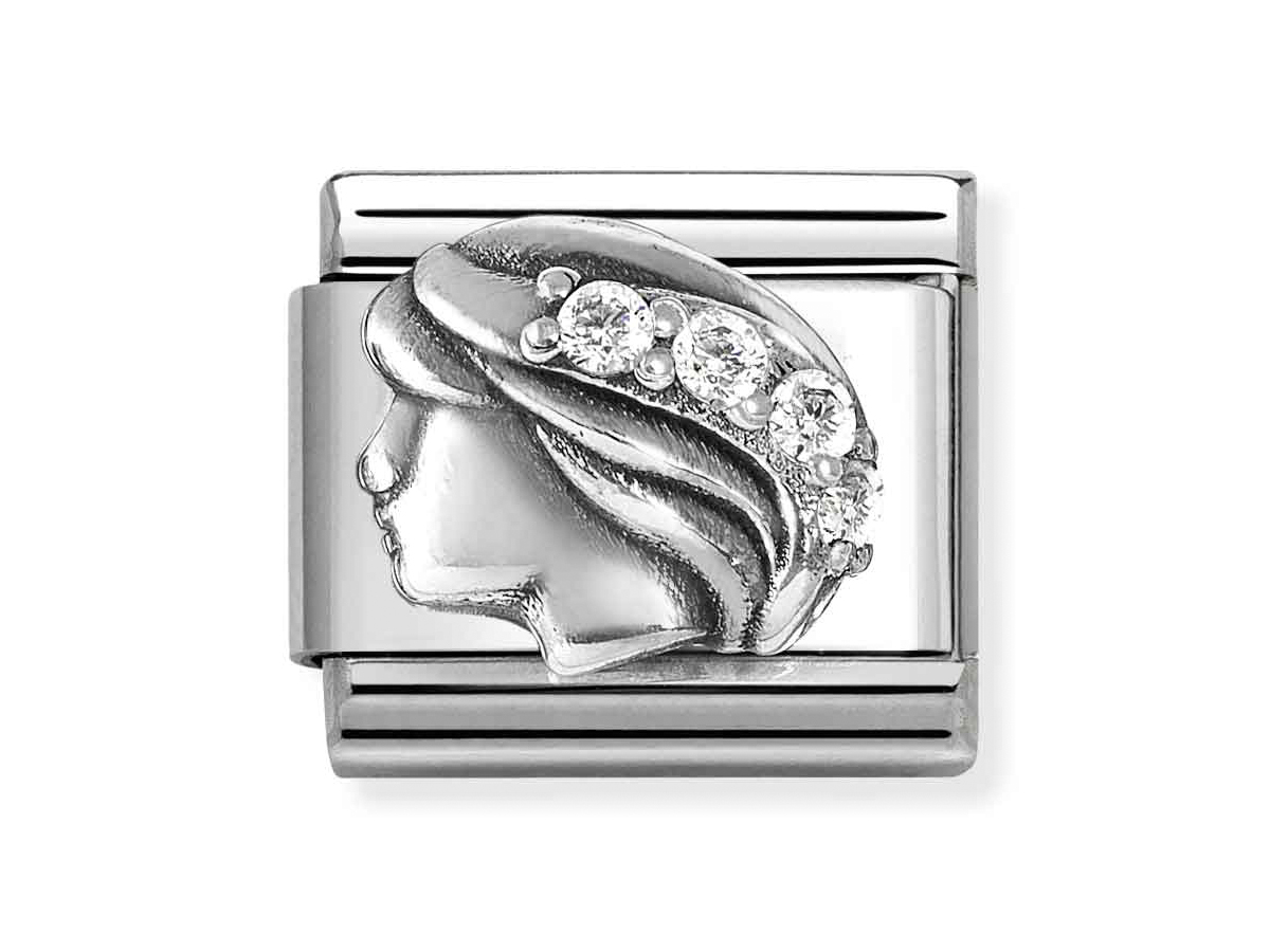 Sterling Silber Charm von Nomination, Modell 330326 06, zeigt das Sternzeichen Jungfrau, kunstvoll gestaltet mit Zirkonia, Teil der Element Classic Silber Kollektion, neuheit im Onlineshop.