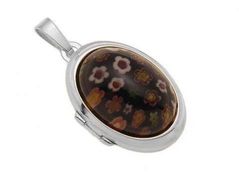 Millefiore Glas schwarz Cabochon Sterling Silber rhod. Medaillon