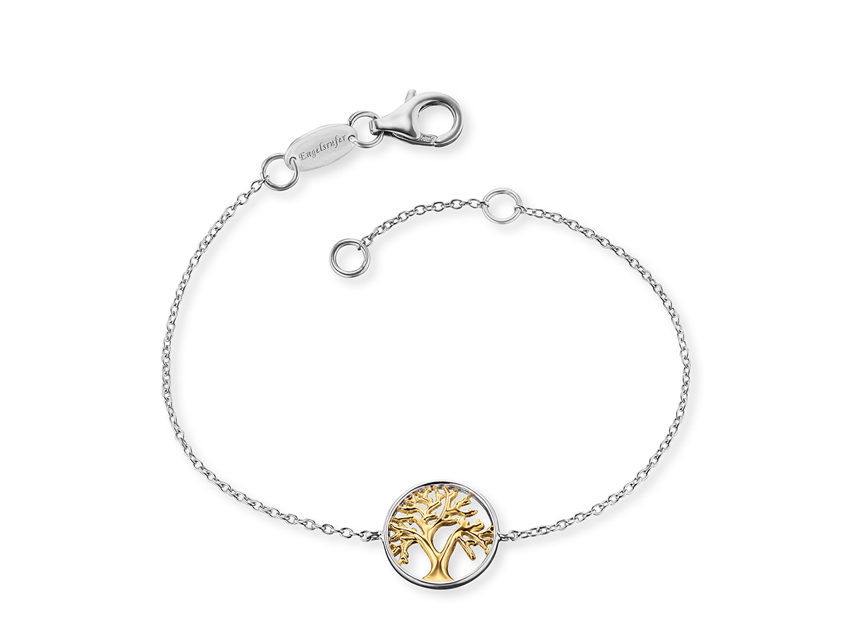 Bicolor Armband aus Roségold und Silber mit einem Anhänger in Form eines Lebensbaums, feine Gliederkette, Länge 17 cm, von Engelsrufer.