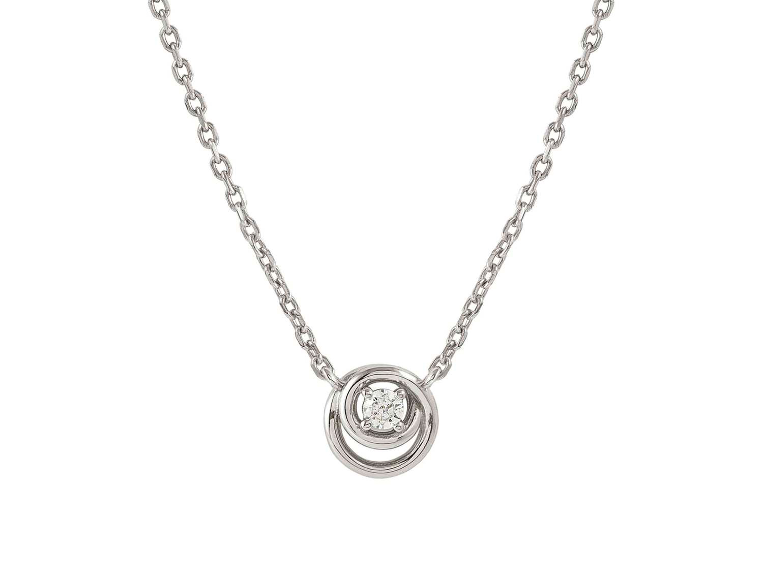 Kreisförmiges rhodiniertes Collier aus Sterling Silber von Nomination Cosmiclove mit einem funkelnden Stein, verstellbar von 38 bis 42 cm. Elegant und chic für besondere Anlässe.