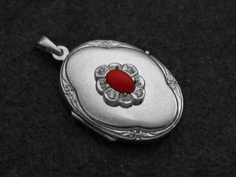 Koralle rot - Medaillon Cabochon Sterling Silber + Brillanten