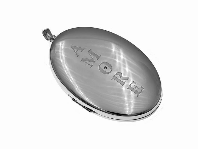 Silber Medaillon - Oval rhodiniert - AMORE Gravur - Diamant - groß