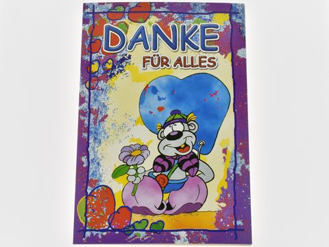 Dankeskarte - Lümmel-Figur mit blauem Herz und Blümchen