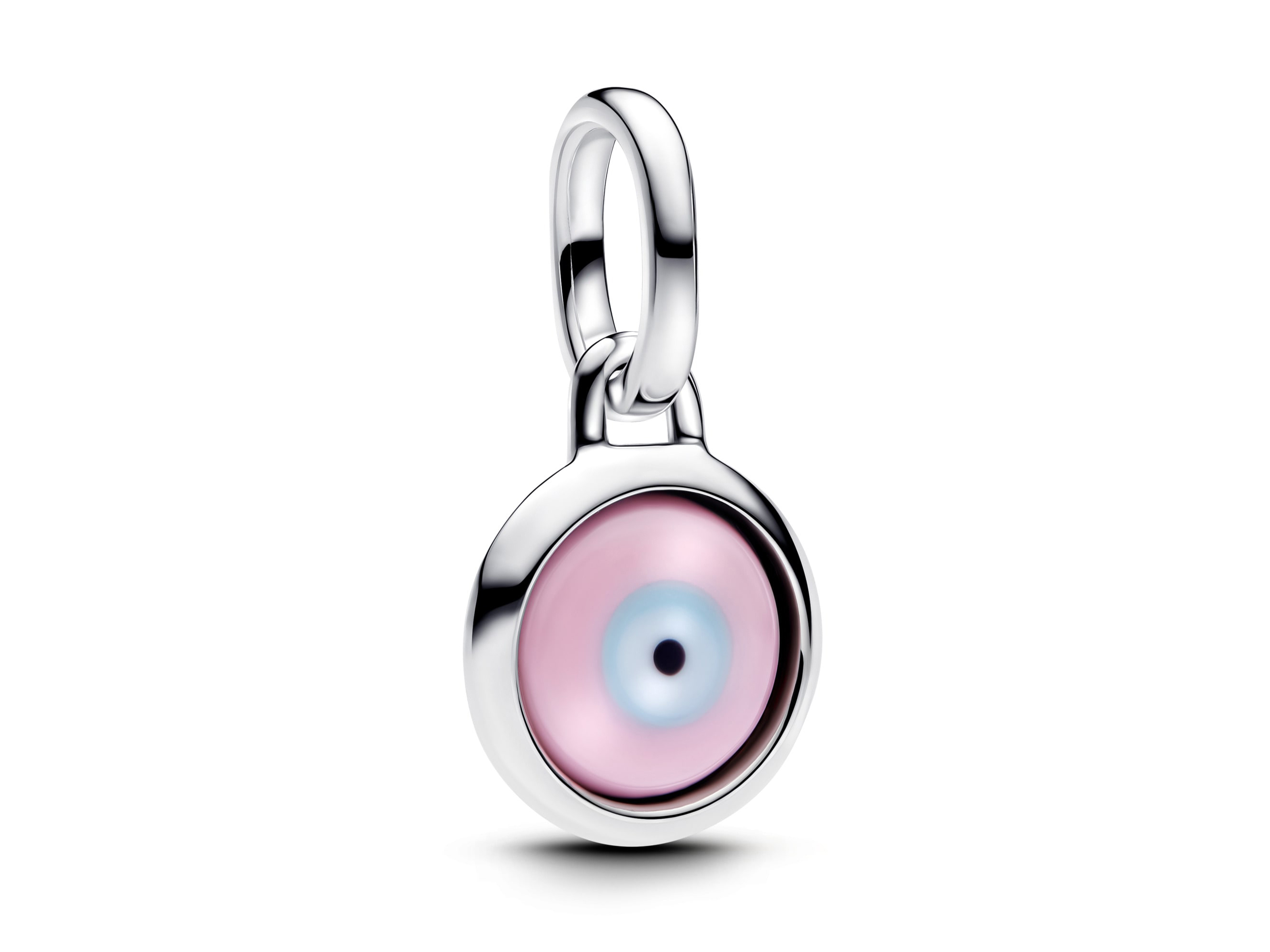 Mini-Anhänger aus Silber von Pandora mit bösem Auge und Muranoglas in sanften Rosa- und Blautönen, perfekt für eine stilvolle und schützende Akzentuierung.