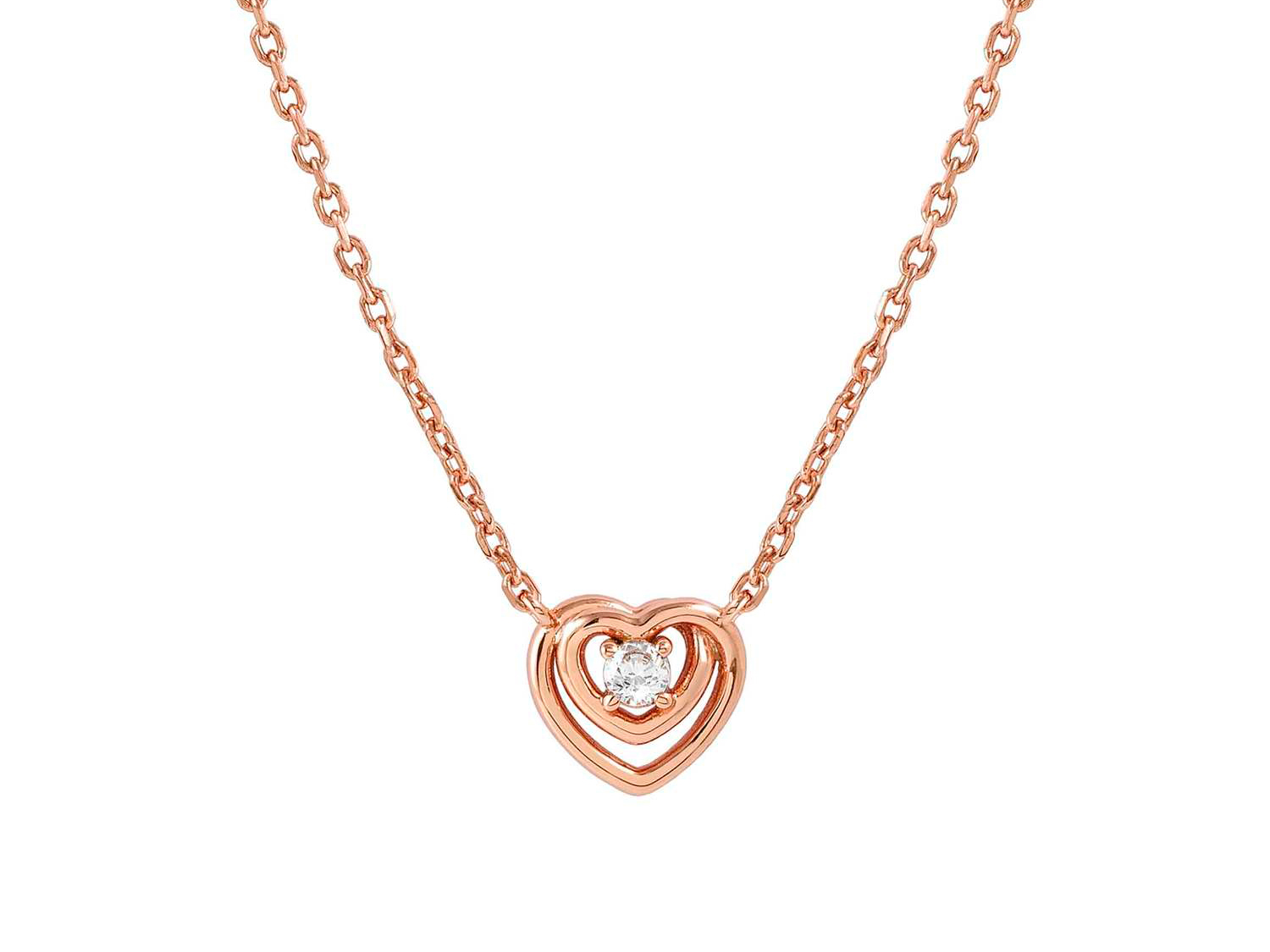 Rosévergoldetes Collier von Nomination aus der Reihe Cosmiclove mit einem herzförmigen Anhänger, der von einem kleinen, funkelnden Stein geschmückt ist, in einer Kettenlänge von 38 bis 42 cm.