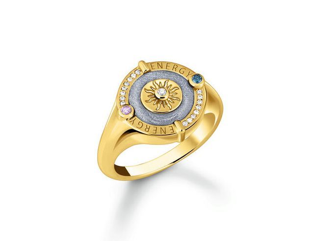 Thomas Sabo TR2449-974-1-56 Ring - Siegelring mit Sonne - Silber Gelbgold verg. & Glas-Keramik Stein & Emaille & Zirkonia - Blau