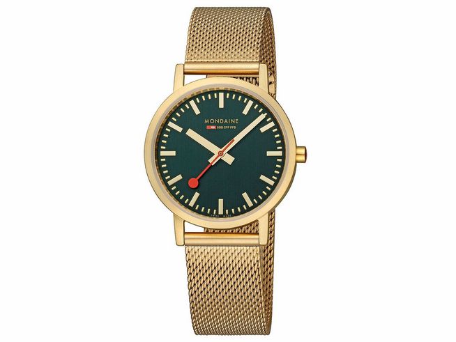 Mondaine Classic Uhr - A660.30314.60SBM - 36 mm - IP Gelbgoldvergoldung - Wald-Grün