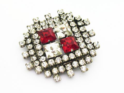 Strass Brosche -Rund- Rot u. weiß & Gefasst. -NEU-