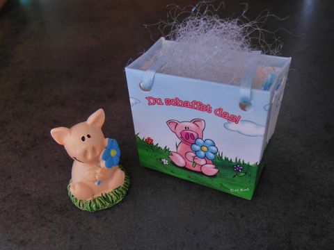 Schweinchen - Glücksschweinchen mit Geschenktasche - mit blauer Blume