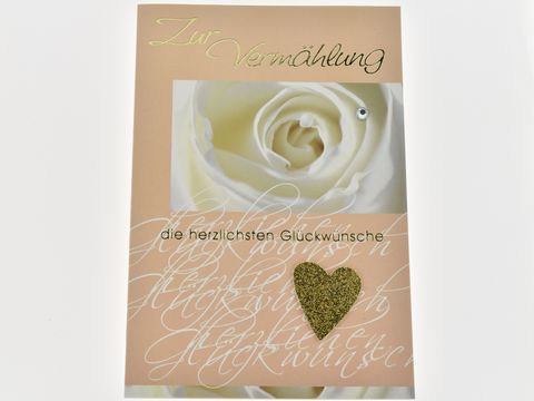 Hochzeitskarte - Weiße Rosenblüte und goldenes Herz