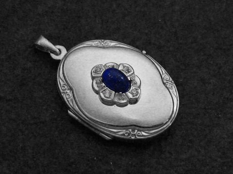 Lapislazuli blau - Medaillon Cabochon Sterling Silber - Zirkonia